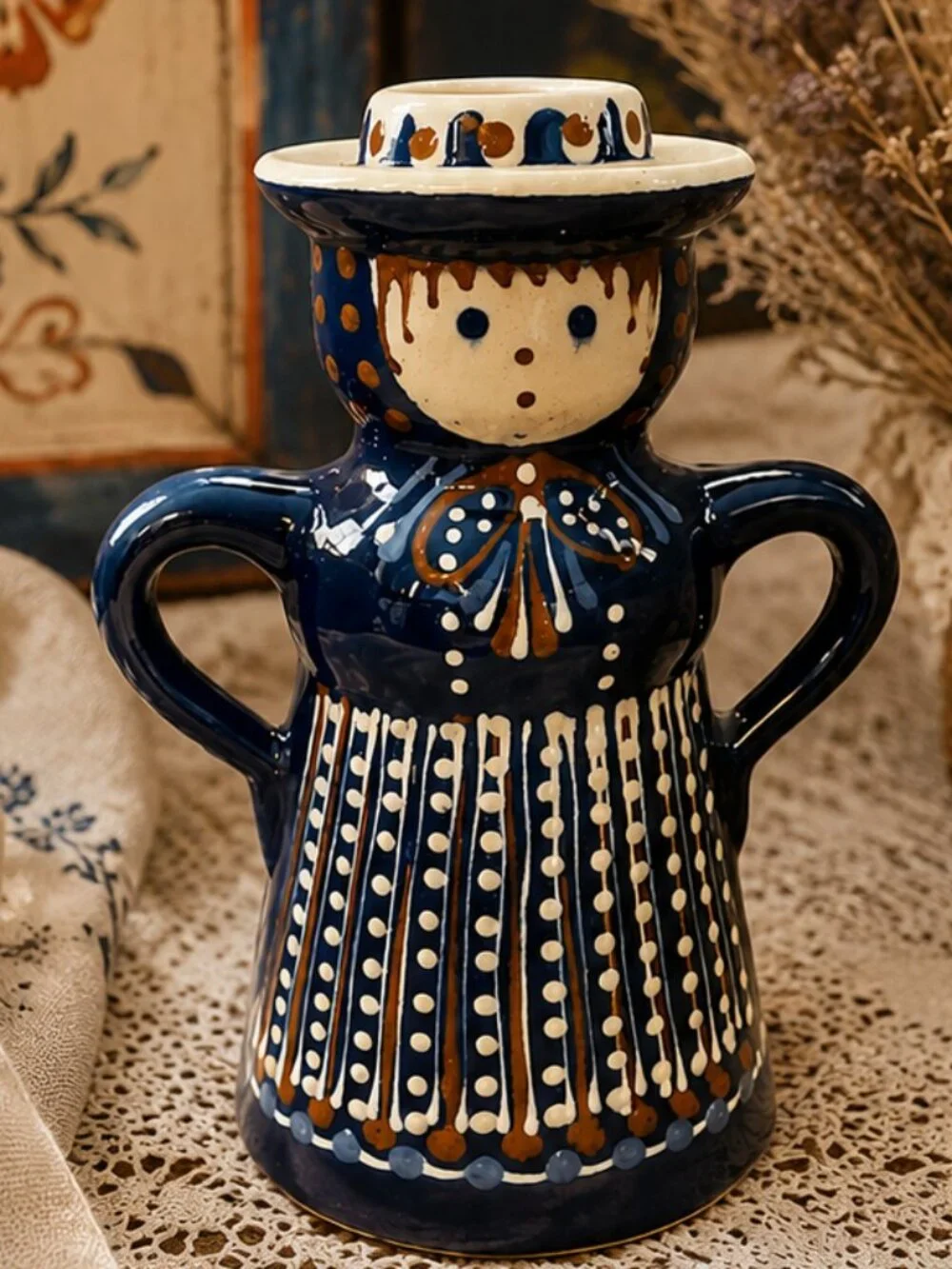 Polish Pottery Hand Painted Woman Figurine Candle Holder